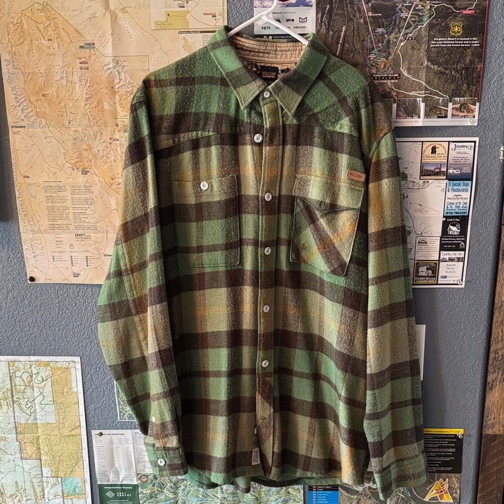 Volcom Olive and Chocolate Plaid Flannel